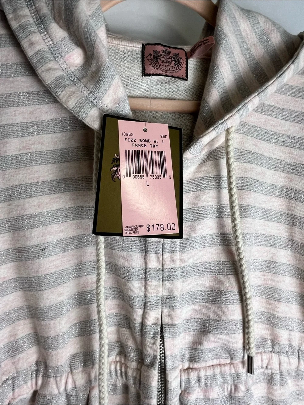 NWT Juicy Couture Pink and Gray Striped Hooded Mini  Dress